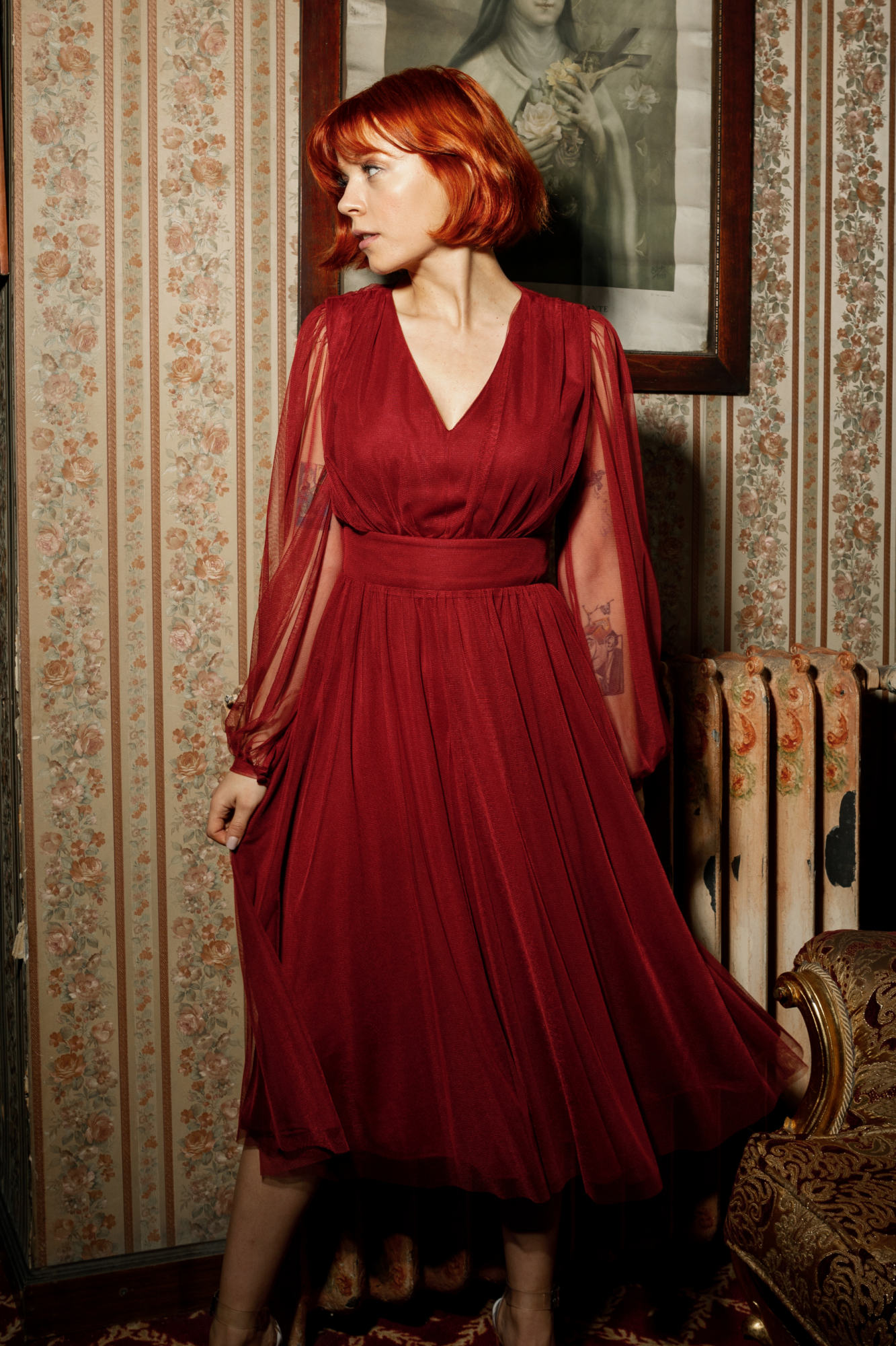 POEZJA FULLY TULLE MİDİ DRESS BURGUNDY