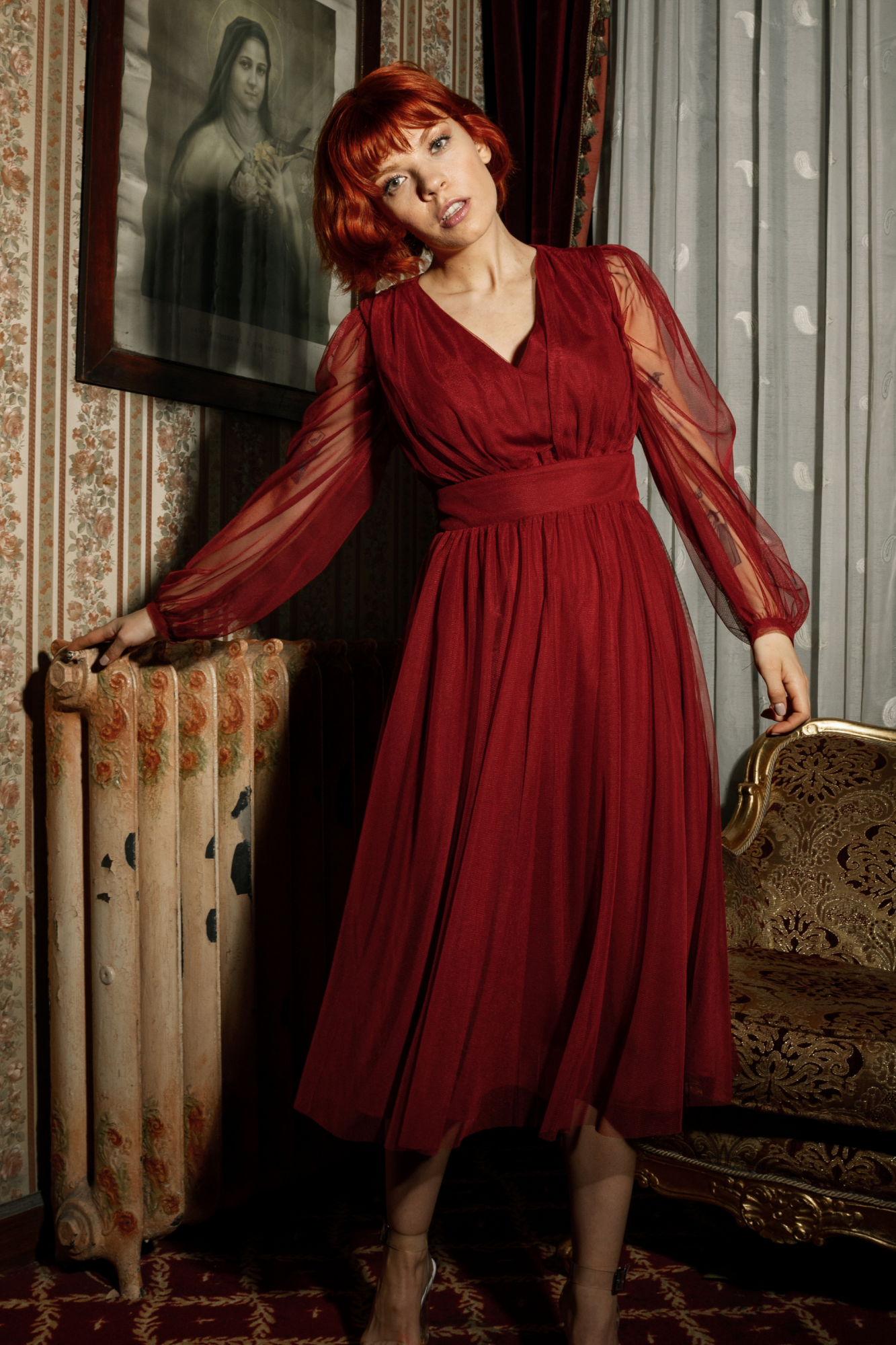 POEZJA FULLY TULLE MİDİ DRESS BURGUNDY