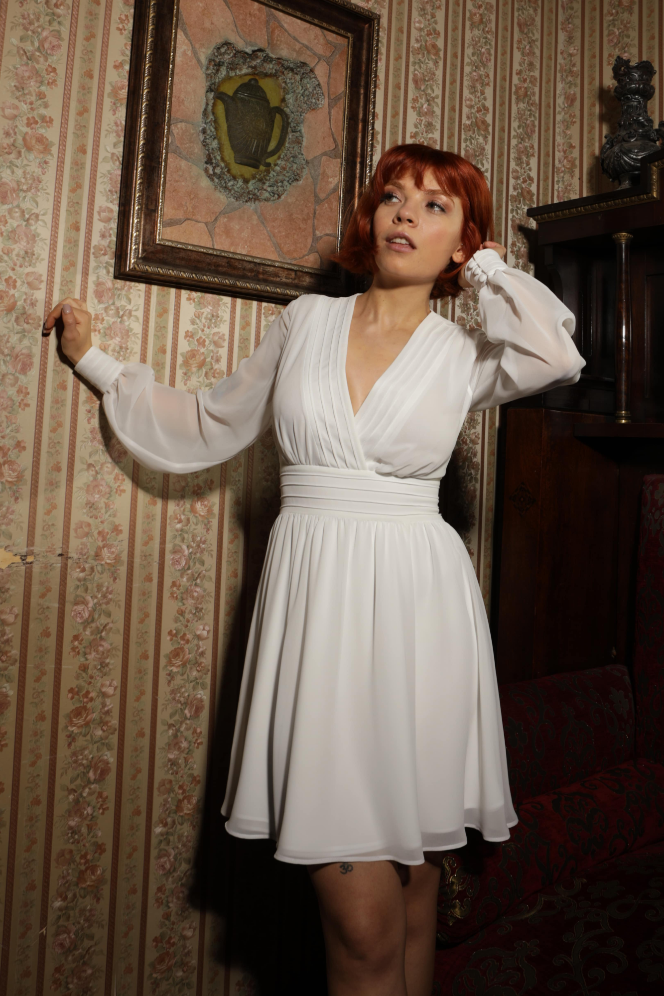 MIEKKI CHIFFON DRESS WITH A CORSET BELT WHITE