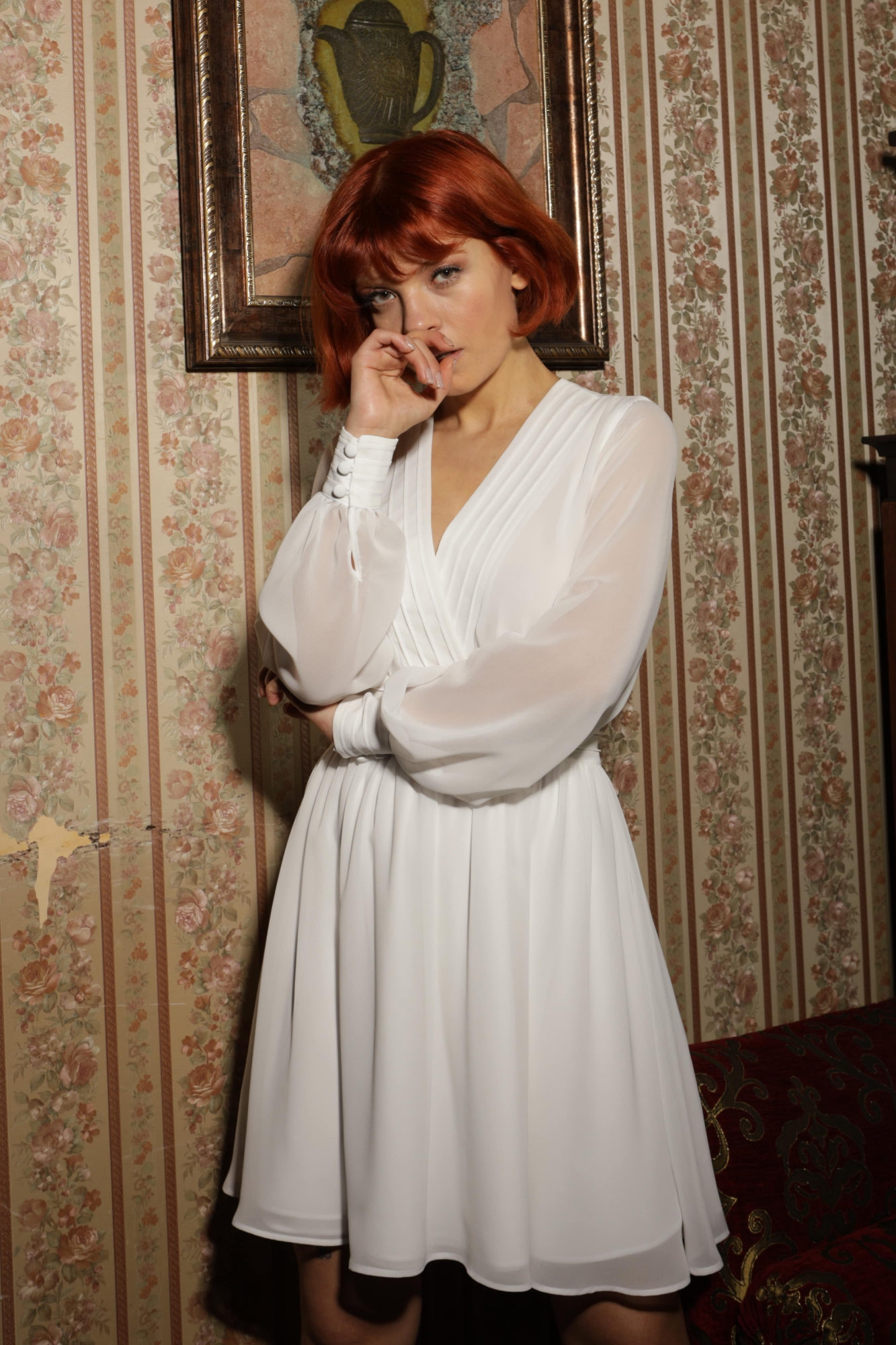 MIEKKI CHIFFON DRESS WITH A CORSET BELT WHITE