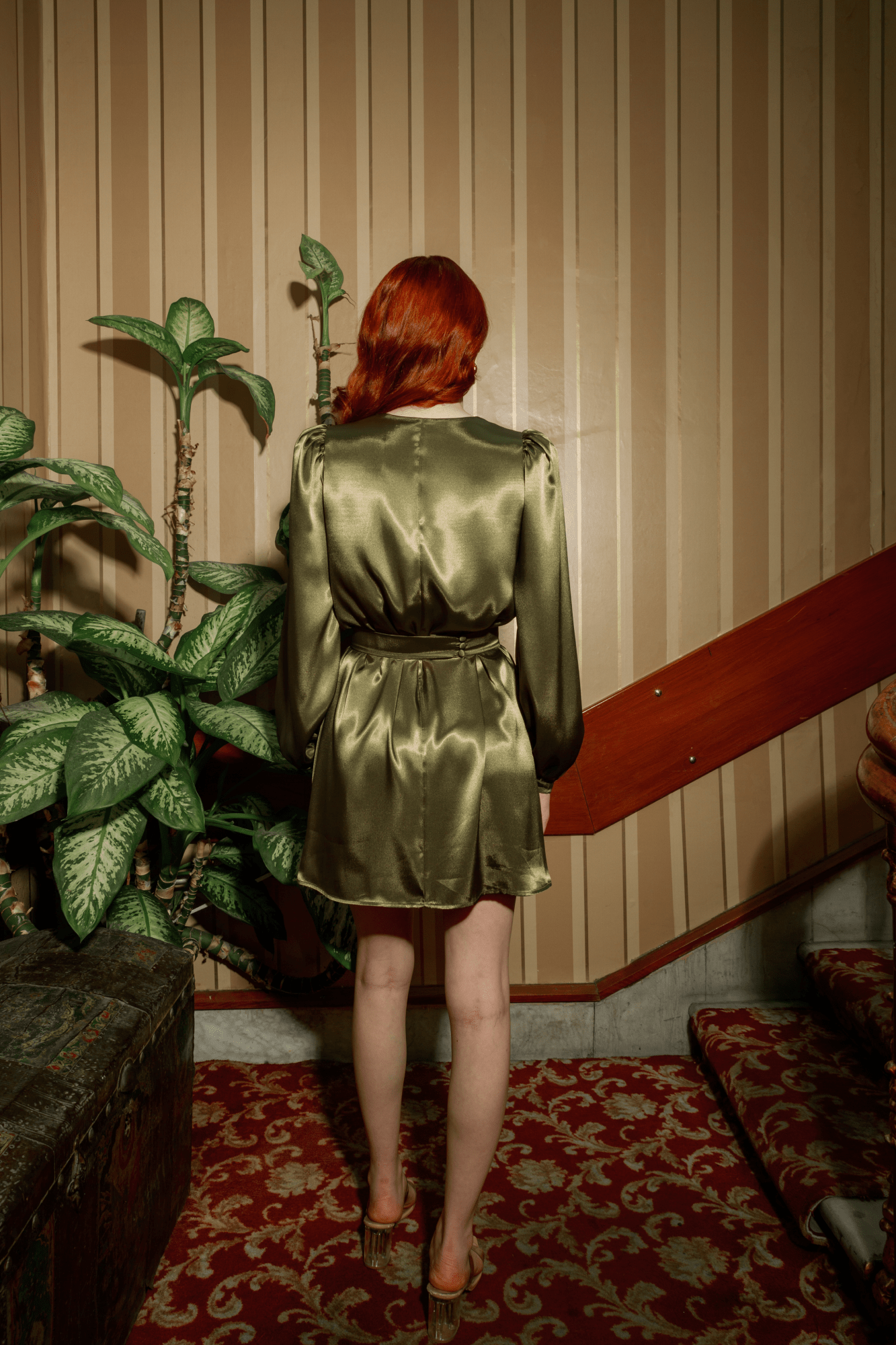 MI GREEN SATIN PARTY DRESS