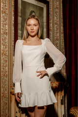 RESECA SILHOUETTE DRESS WITH FRILL AND CHIFFON SLEEVES  - WHITE